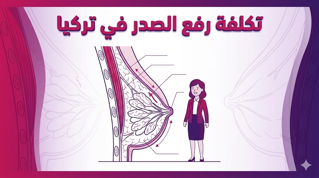 مخطط تشريحي يوضح التقنيات المستخدمة والعوامل المؤثرة في تكلفة رفع الصدر في تركيا.