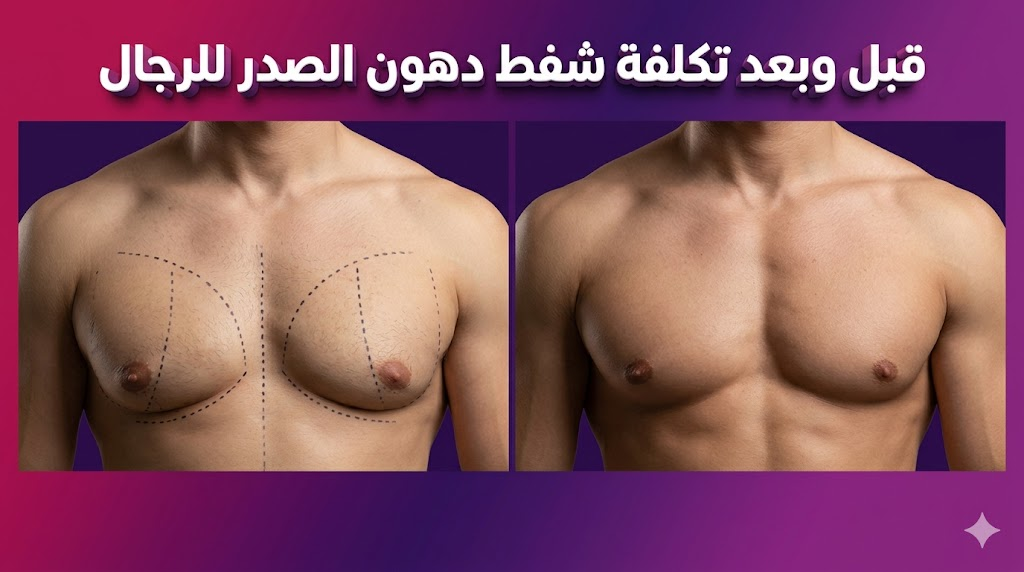 صورة مقارنة "قبل وبعد" توضح نتائج تكلفة شفط دهون الصدر للرجال مع علامات جراحية.