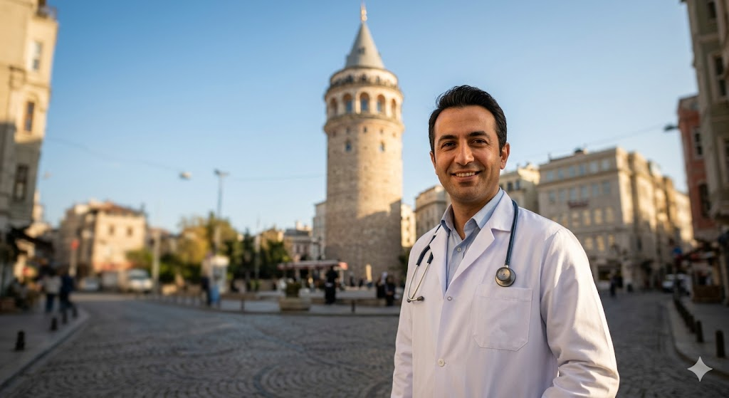  جراح تجميل محترف أمام برج غالاطا في اسطنبول يمثل الثقة والخبرة المرتبطة بـ تكلفة شد البطن في تركيا.