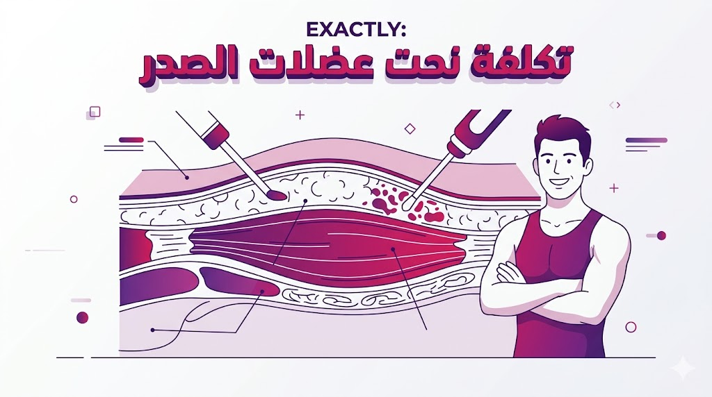 إنفوجرافيك طبي يوضح التشريح العضلي للصدر وكيفية حساب تكلفة نحت عضلات الصدر بناءً على الإجراء.