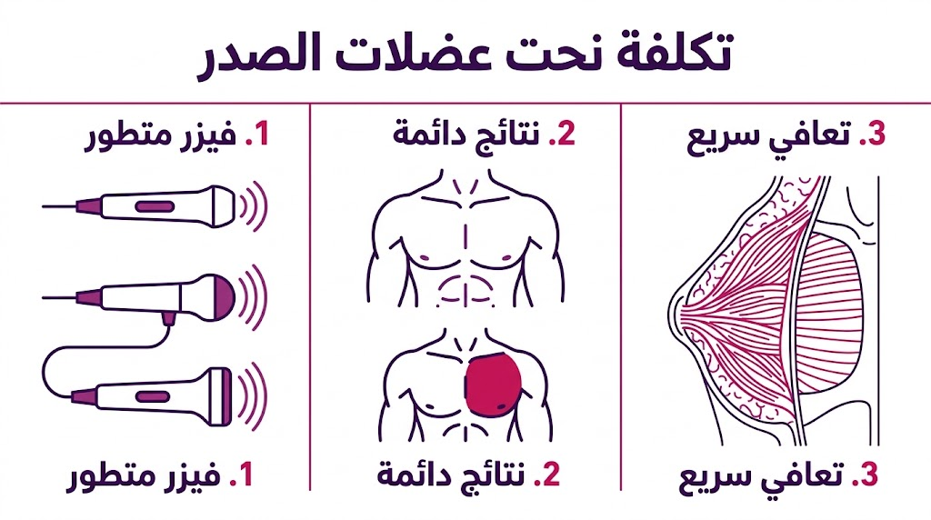 بوستر معلوماتي يوضح التقنيات المستخدمة والنتائج والتعافي المرتبط بـ تكلفة نحت عضلات الصدر.