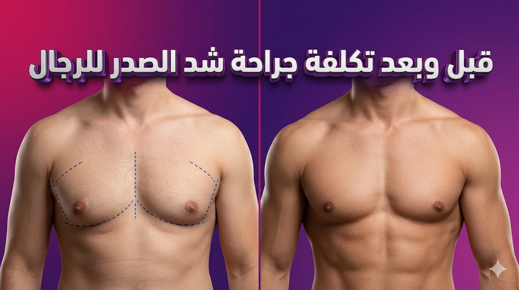 صورة مقارنة "قبل وبعد" توضح نتائج جراحة التثدي وتأثير تكلفة جراحة شد الصدر للرجال على المظهر النهائي.
