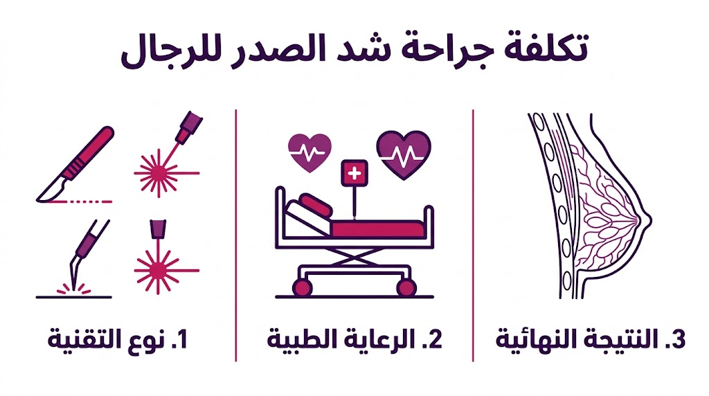بوستر إنفوجرافيك يوضح العوامل المؤثرة في تكلفة جراحة شد الصدر للرجال والخدمات الطبية المقدمة.