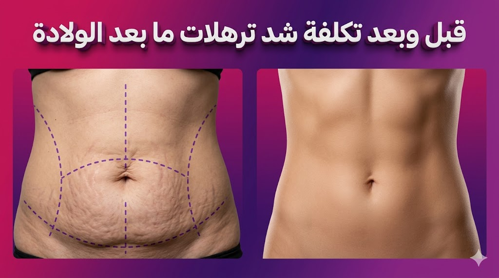  مقارنة قبل وبعد توضح نتائج وعملية تكلفة شد ترهلات ما بعد الولادة مع علامات التخطيط الجراحي.