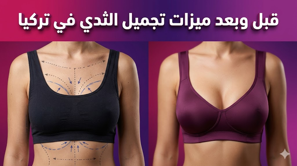 مقارنة قبل وبعد توضح ميزات تجميل الثدي في تركيا مع تخطيط جراحي دقيق ونتائج نهائية مثالية ومتناسقة.