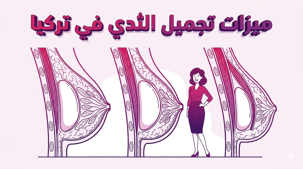  إنفوجرافيك طبي تشريحي يوضح ميزات تجميل الثدي في تركيا والتقنيات المستخدمة في توزيع الأنسجة والحشوات.