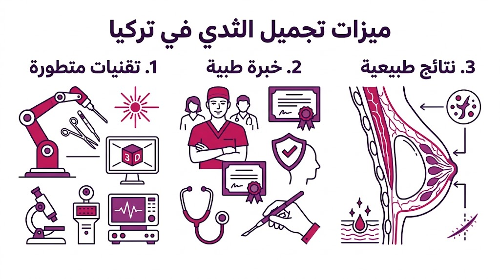بوستر إنفوجرافيك تعليمي يلخص ميزات تجميل الثدي في تركيا من حيث التقنيات والخبرة والنتائج.