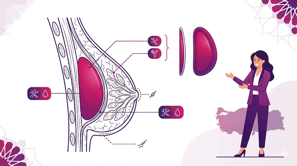 مخطط تشريحي تعليمي يوضح الأساليب العلمية المتبعة لتفادي مخاطر تجميل الثدي في تركيا.
