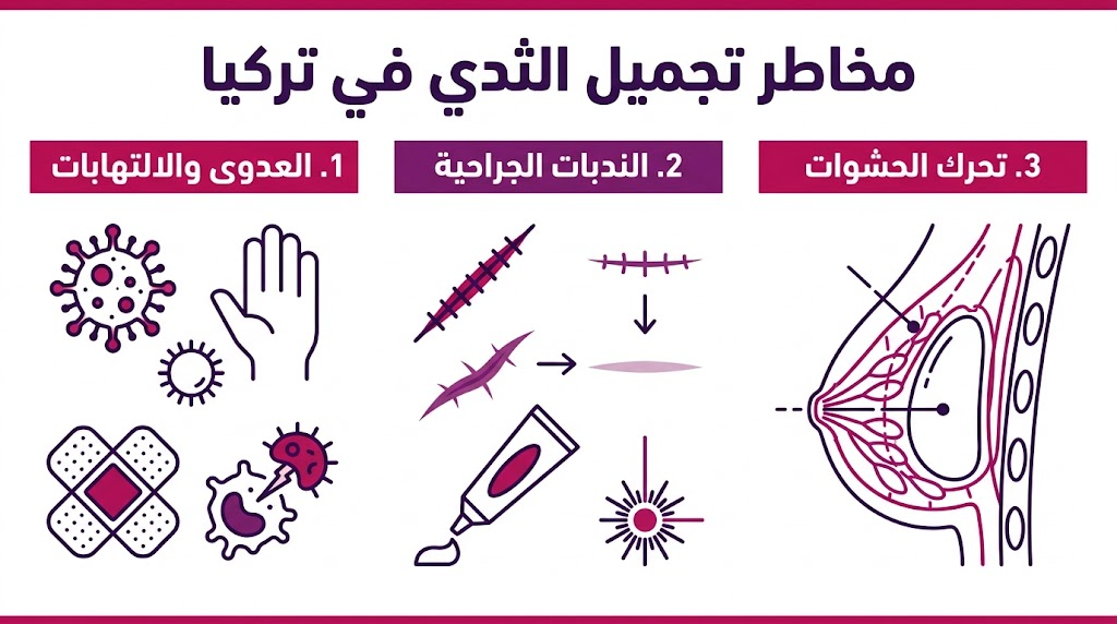 إنفوجرافيك طبي يوضح أهم 3 نقاط يجب مراعاتها لتجنب مخاطر تجميل الثدي في تركيا.