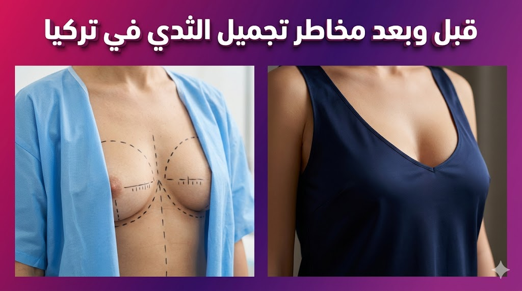 مقارنة قبل وبعد تظهر علامات التخطيط الجراحي والنتائج النهائية المتعلقة بـ مخاطر تجميل الثدي في تركيا.