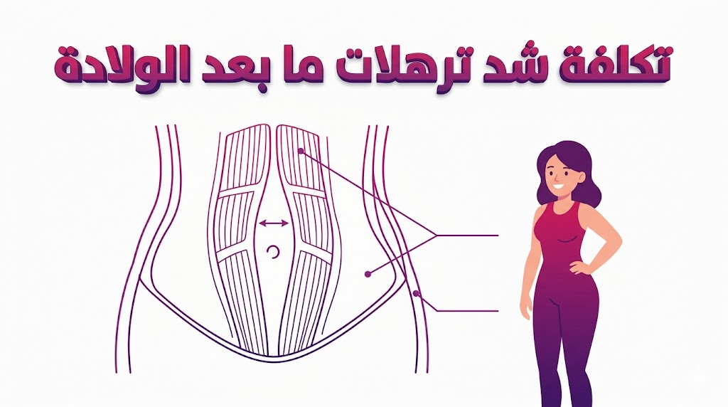  إنفوجرافيك تشريحي يوضح تقنيات شد العضلات والجلد في عملية تكلفة شد ترهلات ما بعد الولادة.