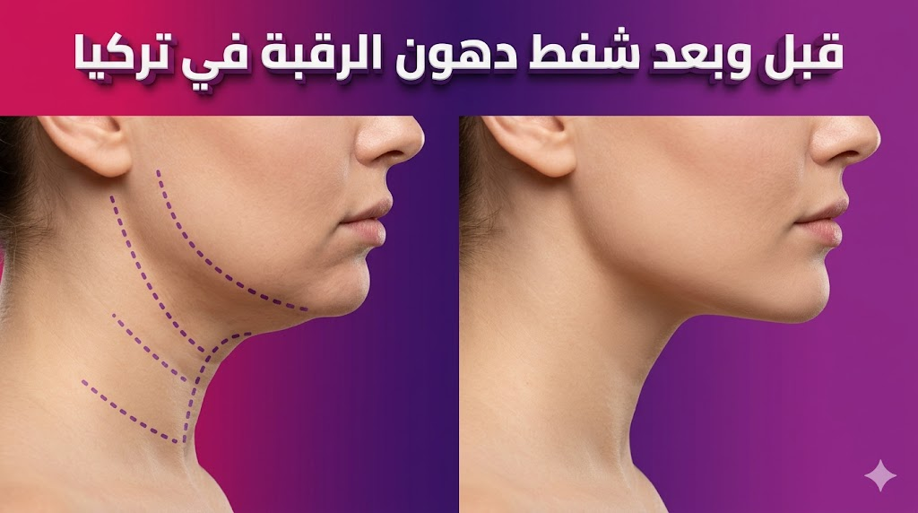  مقارنة قبل وبعد توضح نتائج شفط دهون الرقبة في تركيا مع تحديد دقيق لمنطقة الذقن والفك.