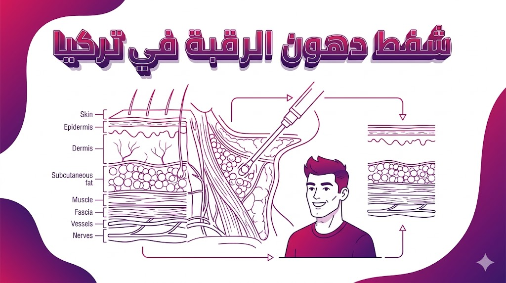  مخطط تشريحي يوضح آلية عمل شفط دهون الرقبة في تركيا وكيفية استهداف الطبقات الدهنية.