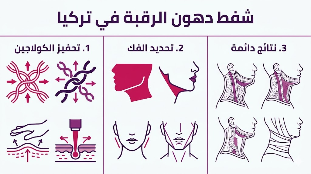 إنفوجرافيك طبي يوضح المزايا الثلاث الرئيسية لعملية شفط دهون الرقبة في تركيا.
