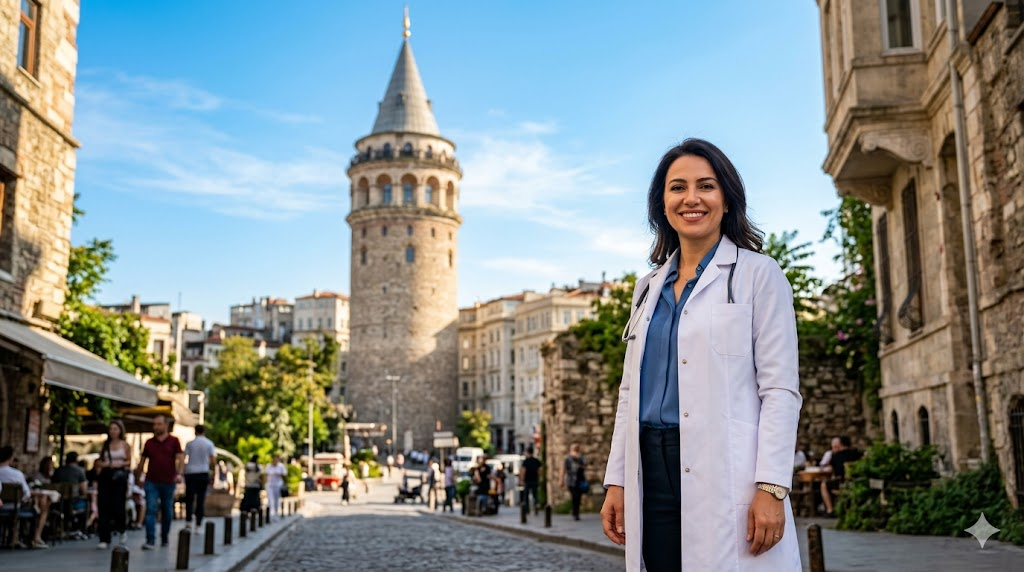 طبيب تجميل متخصص في شفط دهون الرقبة في تركيا يقف أمام برج غالاتا التاريخي في إسطنبول.