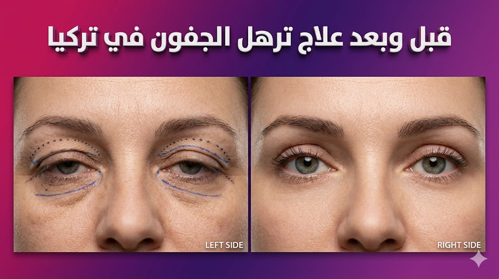 صورة واقعية توضح نتائج قبل وبعد علاج ترهل الجفون في تركيا مع علامات تخطيط جراحية ونتائج نهائية مبهرة.