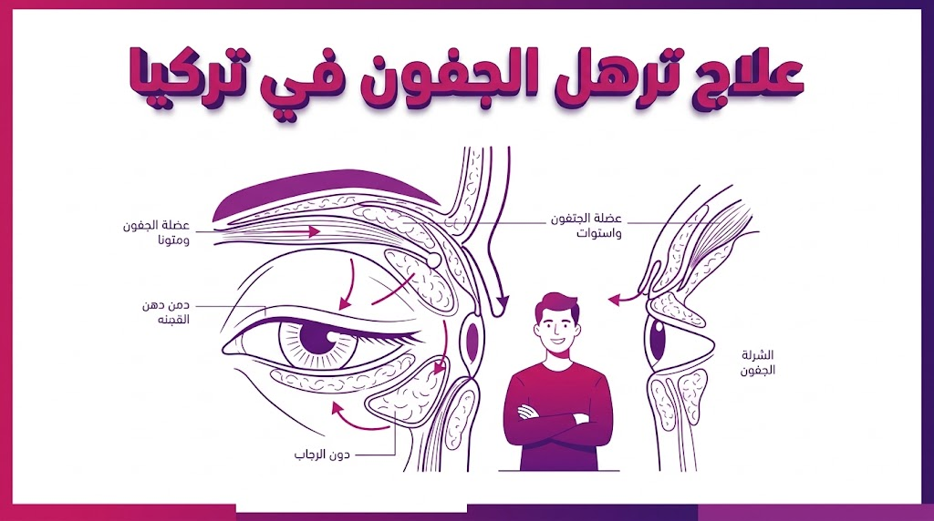 إنفوجرافيك تعليمي يوضح التشريح الداخلي للعين وخطوات علاج ترهل الجفون في تركيا بأسلوب الرسم الهندسي.