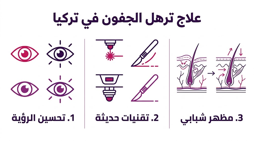 بوستر إنفوجرافيك طبي يبرز فوائد علاج ترهل الجفون في تركيا من تحسين الرؤية واستخدام التقنيات الحديثة.