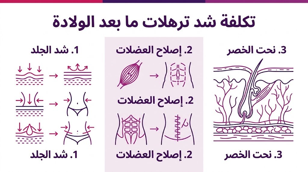  بوستر إنفوجرافيك يوضح مراحل شد الجلد وإصلاح العضلات المتعلقة بـ تكلفة شد ترهلات ما بعد الولادة.