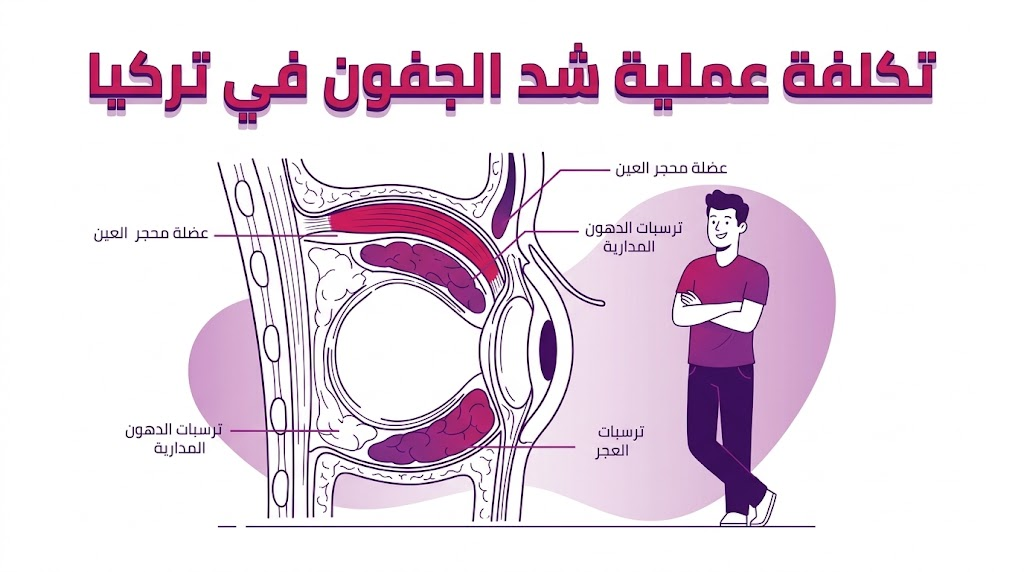 إنفوجرافيك طبي يشرح التشريح الداخلي للعين والتقنيات المستخدمة ضمن تكلفة عملية شد الجفون في تركيا.