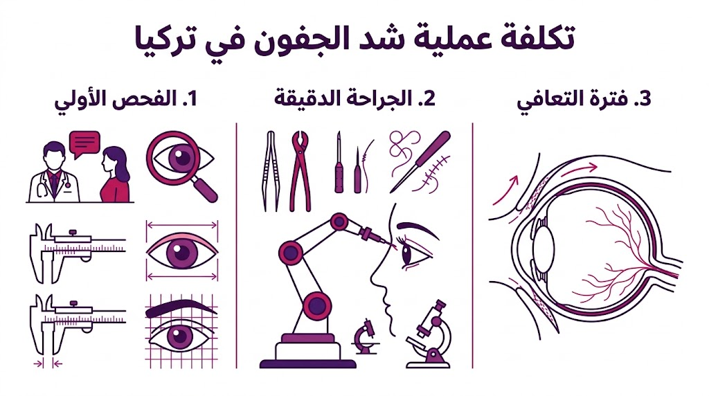 بوستر إنفوجرافيك يوضح مراحل العملية وتوزيع تكلفة عملية شد الجفون في تركيا بشكل مبسط وعلمي.