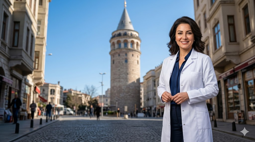 طبيب تجميل مختص يقف أمام برج غالاتا في اسطنبول للحديث عن تكلفة عملية شد الجفون في تركيا.