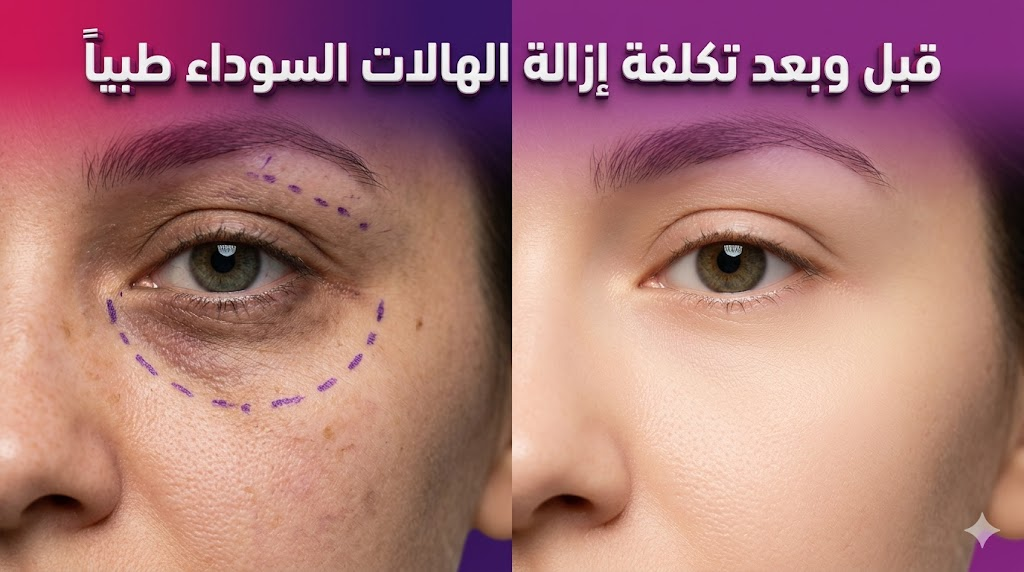 مقارنة قبل وبعد توضح نتائج تكلفة إزالة الهالات السوداء طبياً مع علامات طبية دقيقة.