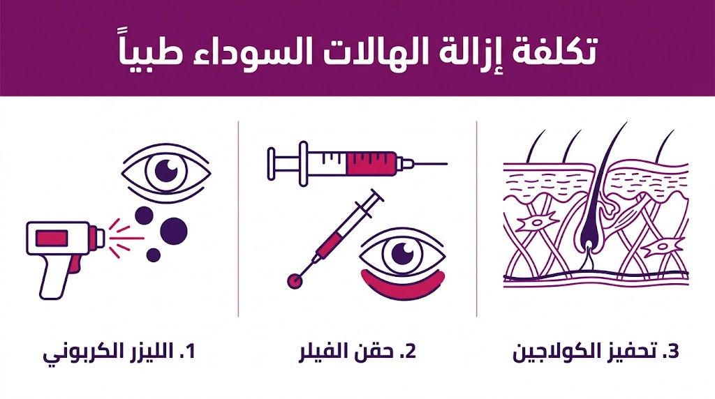  بوستر إنفوجرافيك يوضح ثلاث طرق طبية وتقنية ضمن تكلفة إزالة الهالات السوداء طبياً.