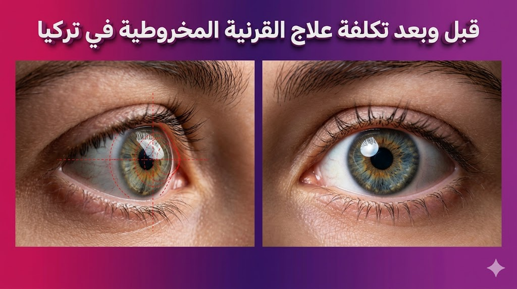 رسوم توضيحية فاخرة لطبيب يشرح تفاصيل تكلفة علاج القرنية المخروطية في تركيا لمريض داخل عيادة عيون حديثة.