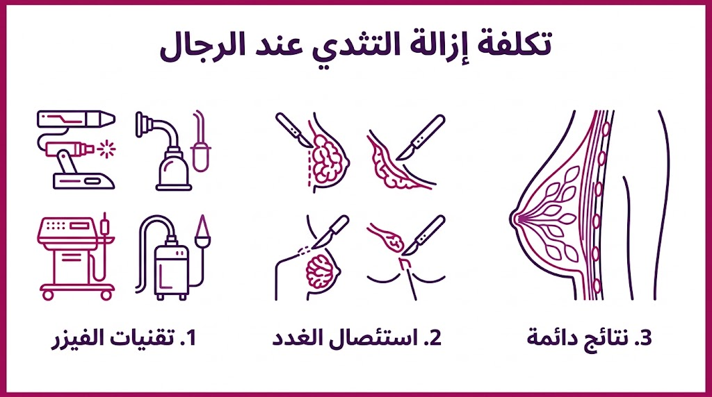 إنفوجرافيك طبي مقسم لثلاثة أقسام يشرح تقنيات ونتائج تكلفة إزالة التثدي عند الرجال.