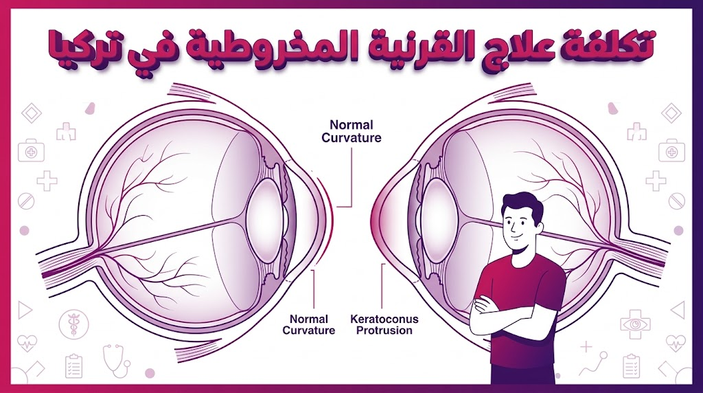 إنفوجرافيك طبي تعليمي يوضح التشريح الداخلي للعين والفرق بين القرنية السليمة والمخروطية مع ذكر تكلفة علاج القرنية المخروطية في تركيا.