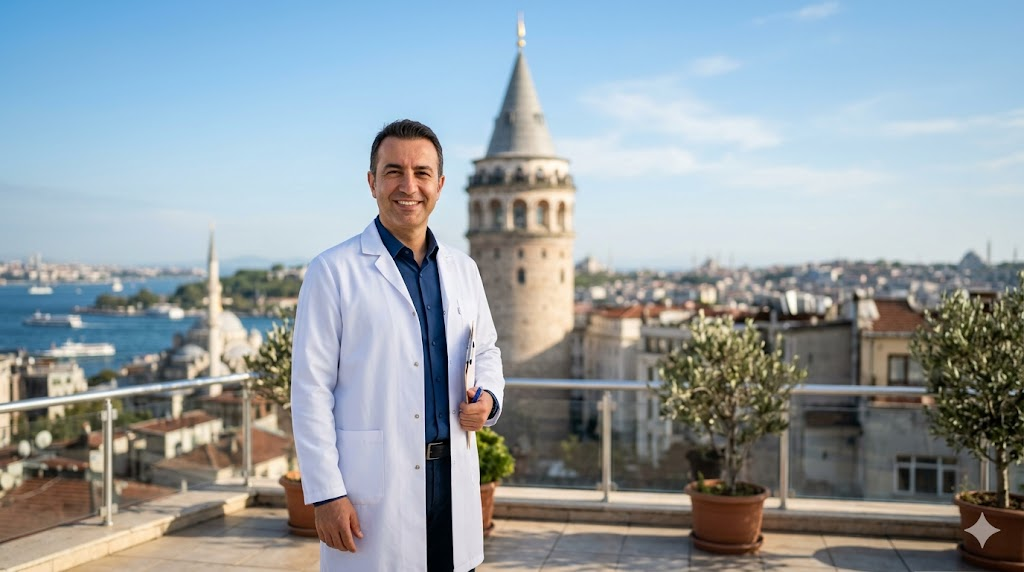 جراح تجميل محترف يقف أمام برج غالاتا في اسطنبول، يمثل الخبرة الطبية في تجميل الأنف بتقنية بيزو في تركيا.