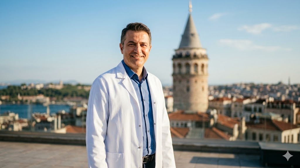  جراح تجميل خبير أمام برج غالاتا في إسطنبول، يمثل التميز الطبي في تجميل الأنف المغلق في تركيا.