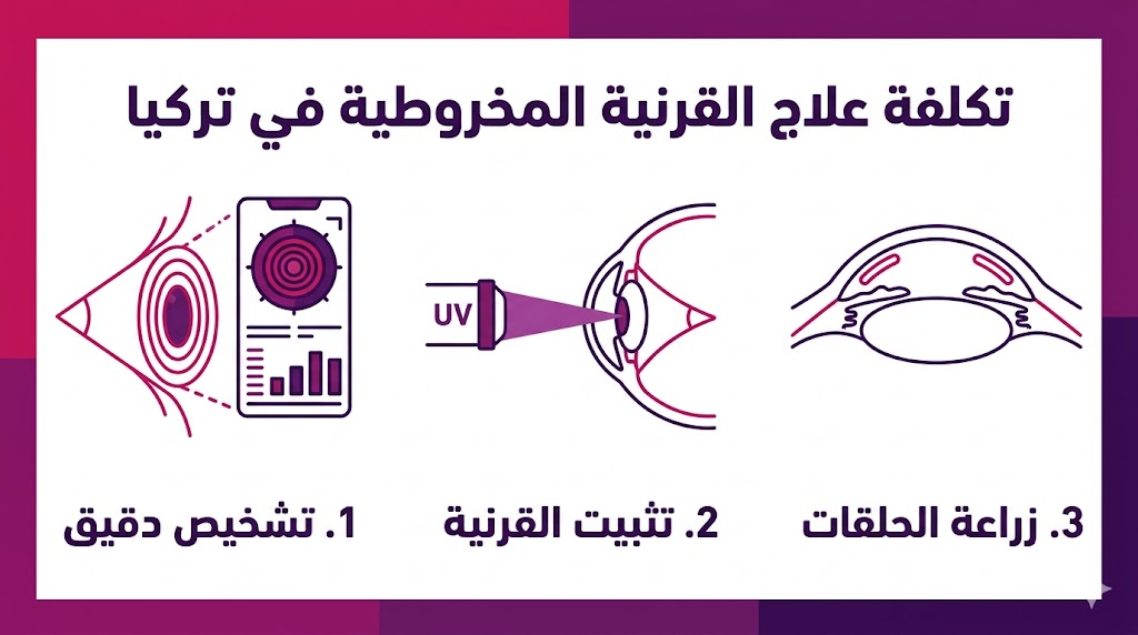 وستر إنفوجرافيك يوضح خطوات التشخيص والعلاج الحديثة وتأثيرها على تكلفة علاج القرنية المخروطية في تركيا.