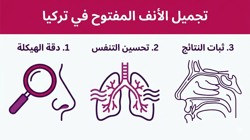 إنفوجرافيك تعليمي يستعرض فوائد تجميل الأنف المفتوح في تركيا من حيث دقة إعادة الهيكلة وتحسين الوظائف التنفسية.