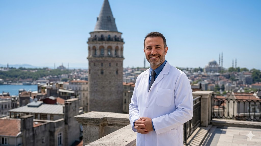 جراح تجميل خبير يقف أمام برج غالاتا في اسطنبول، يرمز لخدمات تجميل الأنف المفتوح في تركيا بأعلى مستويات الاحترافية.