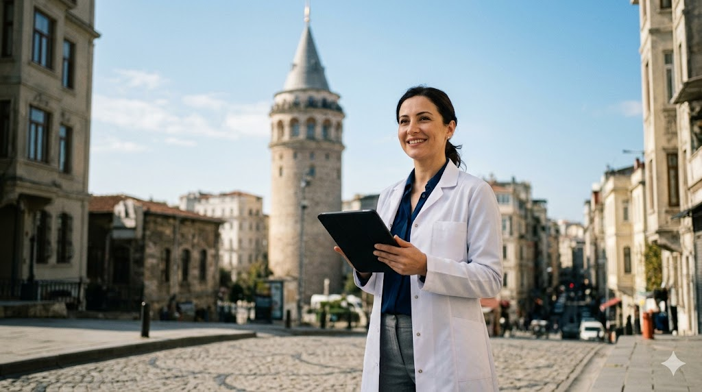 جراح تجميل محترف يقف أمام برج غالاتا في اسطنبول للإشارة إلى خدمات تكلفة تكبير الثديين في تركيا.