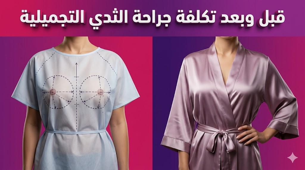 مقارنة قبل وبعد توضح نتائج العملية مع تخطيط طبي دقيق لموضوع تكلفة جراحة الثدي التجميلية.