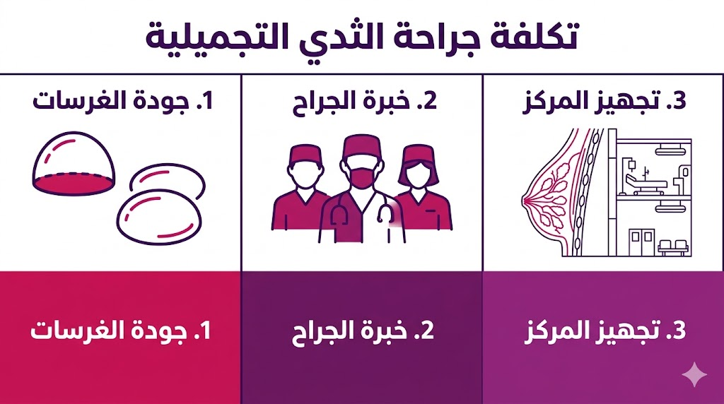 إنفوجرافيك طبي يوضح العوامل الثلاثة الرئيسية المتحكمة في تكلفة جراحة الثدي التجميلية.