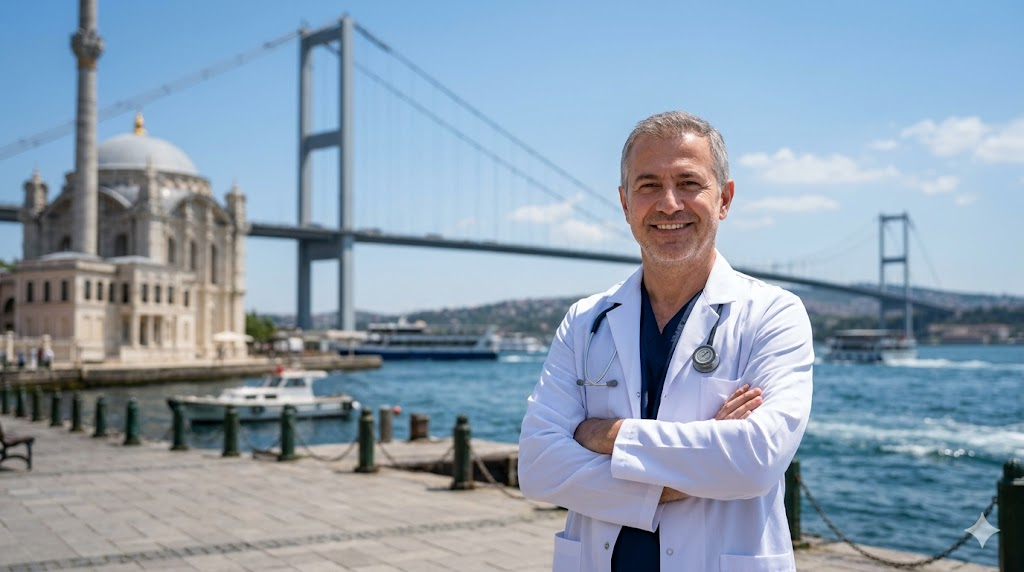 جراح تجميل خبير في إسطنبول أمام جسر البوسفور يقدم استشارات حول تكلفة جراحة الثدي التجميلية.