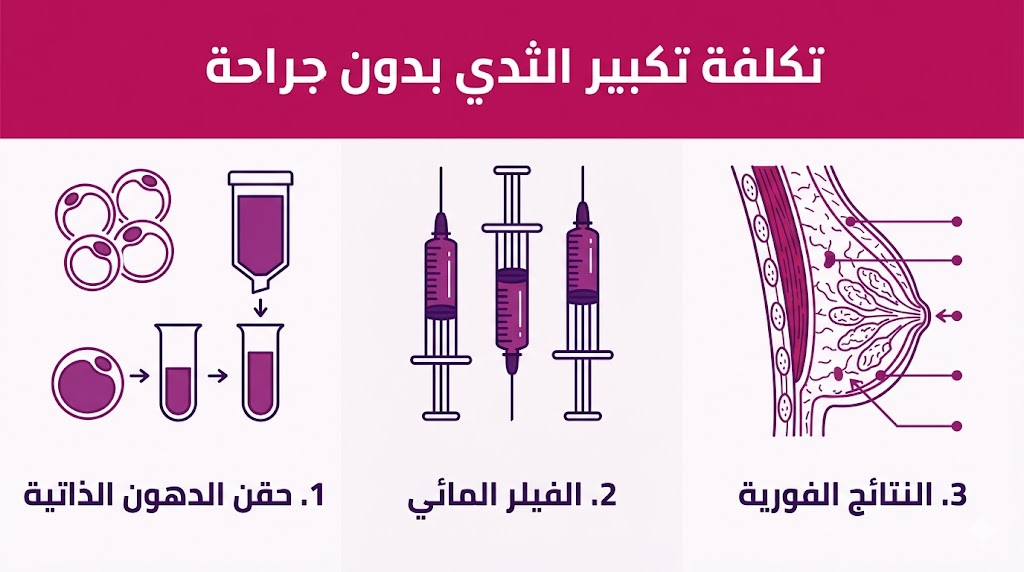 إنفوجرافيك طبي يوضح التقنيات الثلاث الرئيسية المرتبطة بـ تكلفة تكبير الثدي بدون جراحة.