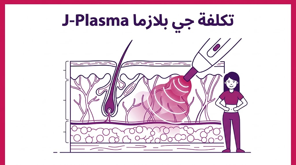  إنفوجرافيك طبي يوضح آلية عمل تقنية الـ J-Plasma في الطبقات الداخلية للجلد.
