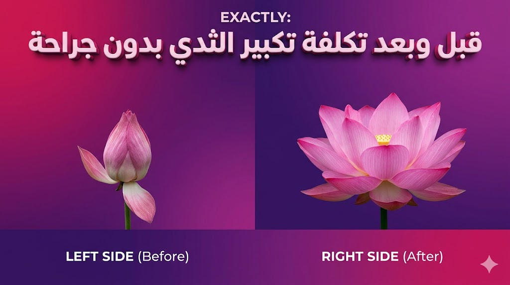 مقارنة رمزية لزهرة اللوتس تعبر عن النتائج المتوقعة قبل وبعد معرفة تكلفة تكبير الثدي بدون جراحة.