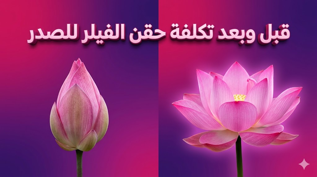 مقارنة رمزية قبل وبعد توضح نتائج تكلفة حقن الفيلر للصدر باستخدام زهرة اللوتس للتعبير عن التحسين الجمالي.