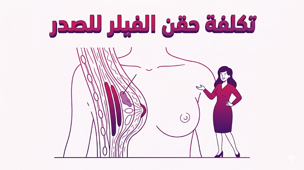  إنفوجرافيك طبي يوضح التشريح الداخلي ومناطق حقن الفيلر مع نص "تكلفة حقن الفيلر للصدر".