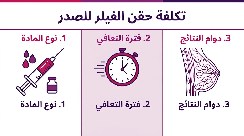 بوستر إنفوجرافيك تعليمي يستعرض العوامل الثلاثة الأساسية المؤثرة على تكلفة حقن الفيلر للصدر.