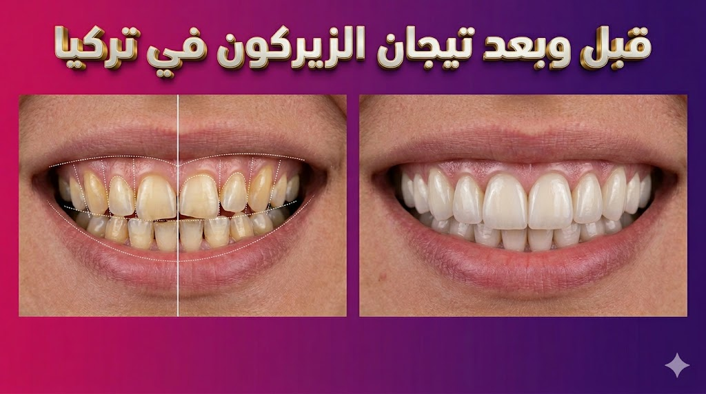 مقارنة قبل وبعد لابتسامة مريض تظهر التحول الجمالي باستخدام تيجان الزيركون في تركيا.