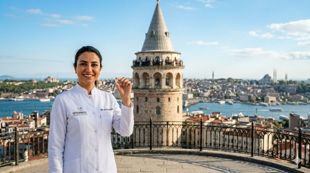 طبيب أسنان مبتسم أمام برج غالاتا في إسطنبول، يمثل جودة خدمات تيجان الزيركون في تركيا.