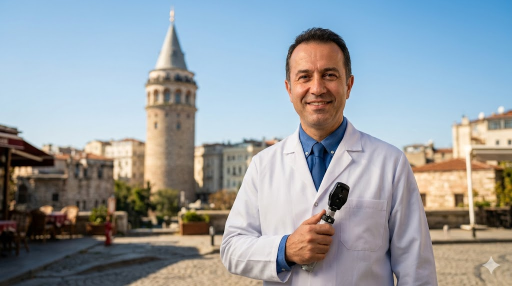 طبيب عيون مختص يقف أمام برج غالاتا في اسطنبول لتقديم استشارات حول تكلفة علاج القرنية المخروطية في تركيا.