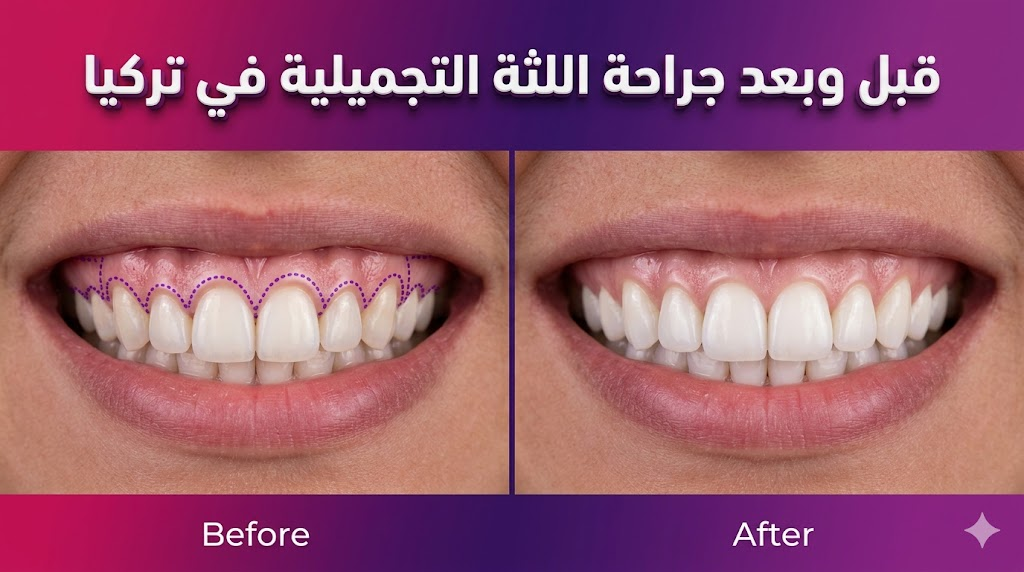 مقارنة قبل وبعد جراحة اللثة التجميلية في تركيا توضح التخلص من الابتسامة اللثوية والحصول على نتائج متناسقة.